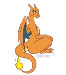 anthro charizard cute_fangs dragon fangs featureless_chest female fire flaming_tail generation_1_pokemon hi_res laws long_neck long_tail looking_at_viewer looking_back looking_back_at_viewer membrane_(anatomy) membranous_wings mythological_creature mythological_scalie mythology nintendo orange_body orange_scales pokemon pokemon_(species) scales scalie serareldeer simple_background sitting smile solo tail teeth wings