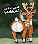 air_valve ambiguous_gender animate_inanimate antlers band-aid band-aid_on_leg bandage big_butt butt butt_focus deer deer_mike dialogue digital_media_(artwork) featureless_crotch feral hi_res horn inflatable living_inflatable looking_back male_(lore) mammal markings mike_(deer_mike) offscreen_character outside pincoosh quadruped rear_view signature solo speech_bubble spots spotted_body