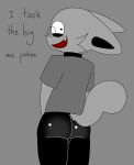 anthro black_bottomwear black_clothing black_pants bottomwear butt butt_focus clothing eyewear felid feline fur glasses grey_body grey_clothing grey_fur grey_shirt grey_topwear grin hi_res male mammal pants shirt smile solo standing topwear