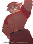 abs aj_alpaca_(piggy) alpaca anthro badge belt blush bottomwear camelid clothed clothing dialogue digital_drawing_(artwork) digital_media_(artwork) ears_down eyebrows fur half-closed_eyes hat headgear headwear hi_res lineless looming low-angle_view male mammal muscular muscular_anthro muscular_male narrowed_eyes pants pecs piggy_(roblox) pivoted_ears raised_clothing raised_shirt raised_topwear shaded shirt simple_background smile solo tail topwear white_background wool_(fur) zappyron