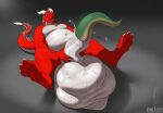 2023 absurd_res anthro balls big_balls bodily_fluids claws cock_vore dragon duo english_text fin genital_fluids genitals hi_res horn huge_balls hyper hyper_balls hyper_genitalia looking_pleasured male mythological_creature mythological_scalie mythology navel nude open_mouth owligatorstudios penile penis plantigrade precum prey_bulge scalie simple_background text vore