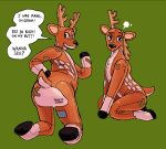 2026 animate_inanimate anthro antlers black_nose butt deer deer_mike deflation dialogue english_text half-closed_eyes hi_res horn inflatable kneeling living_inflatable looking_back male mammal mike_(deer_mike) narrowed_eyes pepoeke presenting presenting_hindquarters rear_view simple_background speech_bubble text