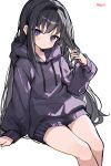  1girl absurdres akemi_homura artist_name bare_legs black_hair black_hairband blush closed_mouth commentary_request english_commentary hairband highres hood hood_down hoodie invisible_chair long_hair looking_at_viewer mahou_shoujo_madoka_magica mahou_shoujo_madoka_magica_(anime) mitsureki_meyli purple_eyes purple_hoodie simple_background sitting solo thighs white_background 