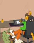 absurd_res anthony_proxy anthro banana bottomwear clothing desk drawing_program drawing_tablet duo egg elemental_creature feet felid feline flora_fauna food foot_fetish foot_grab foot_on_chest foot_on_face foot_sniffing footwear fruit fur furgonomic_furniture furniture furred_kobold furred_scalie gaming_chair grass_hair green_clothing green_hoodie green_topwear hi_res hoodie hybrid kalei_(hydro19) kobold leaf leaf_tail lying male male/male mammal on_back orange_bottomwear orange_clothing orange_pants pants plant scalie sniffing sniffing_clothes sock_fetish sock_sniffing socks stylus table tail topwear under_table wispurrarts