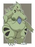 absurd_res anthro areola behniis black_eyes breasts claws cross-popping_vein fangs featureless_crotch female generation_2_pokemon green_areola green_body green_nipples hand_on_hip hi_res huge_thighs looking_at_viewer nintendo nipples non-mammal_breasts nude open_mouth overweight overweight_female pokemon pokemon_(species) pokemorph scalie solo spikes spikes_(anatomy) standing tail teeth thick_tail thick_thighs tyranitar wide_hips