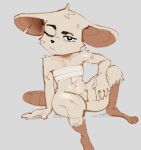 absurd_res anthro big_ears big_head black_eyes bodily_fluids chest_wraps cinder_katt crotch_tuft eyebrows female hi_res looking_at_viewer mammal mina_(mina_the_hollower) mina_the_hollower mouse murid murine notched_ear nude nude_female one_eye_closed rodent sitting solo sweat tail tuft wraps yacht_club_games