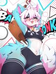 3:4 absurd_res anthro blush bottomwear breasts camel_toe canid canine choker clothing crop_top english_text fangs female fur hair hammer hi_res jewelry legwear low-angle_view mammal multicolored_body multicolored_fur necklace pink_hair shirt shorts small_breasts small_waist solo stockings tail teeth text thick_thighs thigh_highs tongue tongue_out tools topwear tuma_tt two_tone_body wide_hips