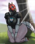 absurd_res anthro back_spikes big_breasts black_body blue_eyes breasts clothed clothed_anthro clothed_female clothing colored day detailed_background dinosaur eyes_mostly_closed eyeshadow female fingers front_view full-length_portrait grass grey_body hi_res humanoid_hands kneeling leaning leaning_forward lgbt_pride light light_beam looking_at_viewer makeup markings mr.carno narrowed_eyes non-mammal_breasts outside plant portrait pose prehistoric_species pride_color_eyeshadow pride_colors red_body reptile scalie seductive shaded shadow smile solo species_request spiked_tail spikes spikes_(anatomy) striped_markings stripes sunbeam sunlight tail thick_thighs transgender_pride_colors tree wide_hips