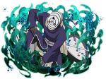  1boy black_gloves black_hair black_jacket black_pants gloves gunbai hand_fan heterochromia jacket looking_at_viewer mask mask_on_head naruto_(series) naruto_shippuuden naruto_shippuuden:_ultimate_ninja_blazing official_art on_one_knee open-toe_boots pants red_eyes rinnegan sharingan solo tomoe_(symbol) uchiha_obito war_fan white_mask 