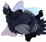 2017 anthro areola artist_name avian badart_(artist) belly big_areola big_breasts big_nipples bird black_areola black_nipples breasts clothing corvid corvus_(genus) dated feathers feet female fishnet_clothing fishnet_legwear genitals highlights_(coloring) legwear legwear_only lucidum lying markings mostly_nude_anthro mostly_nude_female navel nipples no_pupils on_back oscine passerine pregnant pregnant_anthro pregnant_female presenting presenting_vulva raven runes simple_background solo spread_legs spreading stockings talons text toes vulva