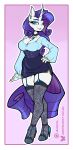  1girl ambris_art animal_ears black_skirt blue_eyes blue_shirt breasts choker cleavage earrings furry garter_straps hand_on_own_hip high_heels highres horse_ears horse_girl jewelry lace lace_thighhighs looking_at_viewer my_little_pony my_little_pony:_friendship_is_magic purple_hair purple_tail rarity_(my_little_pony) shirt simple_background skirt solo thighhighs unicorn 