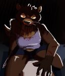 anthro blood blood_on_face bodily_fluids breasts brown_body clothed clothing dark_room duo evil_dead female first_person_view fur glowing glowing_eyes hand_on_belly holding_melee_weapon holding_object holding_weapon looking_at_viewer male male/female male_pov mammal melee_weapon mustelid on_lap otter pimientanas simple_background smile tail teeth topwear weapon