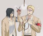  2boys armband bandaged_head bandages belt black_hair black_pants blonde_hair brown_belt brown_jacket collared_shirt commentary_request eren_yeager facial_hair fno_39 goatee green_eyes grey_armband grey_background highres holding holding_rope holding_scissors implied_yaoi jacket korean_commentary long_hair male_focus military_jacket military_uniform multiple_boys noose open_clothes open_shirt pants red_armband reiner_braun rope scissors serious shingeki_no_kyojin shirt simple_background surprised sweatdrop white_jacket yellow_eyes 