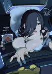  1boy 1girl absurdres arched_back ass bald barefoot black_hair booruguru breast_press breasts bursting_breasts chair chips_(food) commentary computer_keyboard dress duct_tape english_commentary english_text flying_sweatdrops food foreshortening ghost_girl hair_between_breasts hair_over_one_eye half-closed_eyes hanging_from_ceiling highres huge_ass indoors large_breasts long_hair looking_at_ass monitor no_bra office_chair open_mouth playing_games playing_video_games potato_chips sweat swivel_chair tape the_ring through_medium through_screen torn_clothes torn_dress white_dress wide_hips yamamura_sadako 