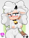 anthro areola bell bell_collar black_horn blue_eyes blush bovid breasts brown_clothing brown_gloves brown_handwear caprine clenched_teeth clothing collar countershade_face countershade_snout countershading eyelashes female fingerless_gloves fingers floppy_ears fur genitals glistening glistening_body glistening_breasts gloves hair handwear hooved_fingers hooves horn idw_publishing kex56 lanolin_the_sheep_(sonic) logo mammal navel nipples nude puffy_hair sega sheep sneer snout solo sonic_the_hedgehog_(comics) sonic_the_hedgehog_(idw) sonic_the_hedgehog_(series) spanish_description tan_areola tan_nipples teeth thick_eyelashes thick_thighs tied_hair vulva white_body white_fur white_wool wool_(fur)
