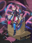  1girl :d absurdres asymmetrical_legwear black_gloves blue_thighhighs box brick_wall cardboard_box chinese_commentary commentary_request delta_(honkai_impact) dual_wielding full_body gloves highres holding holding_sword holding_weapon honkai_(series) honkai_impact_3rd huge_weapon jacket leviavan long_hair looking_at_viewer mismatched_legwear open_mouth pink_hair pink_thighhighs rozaliya_olenyeva smile solo sword tail thighhighs weapon white_jacket 