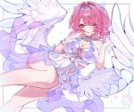  1girl absurdres breasts commentary_request feathered_wings highres large_breasts looking_at_viewer medium_hair official_alternate_costume one-piece_swimsuit one_eye_closed pink_hair purple_eyes purple_sarong remielle_dan remielle_dan_(seashade_pas_seul) samon_(vxxr8575) sarong simple_background solo swimsuit white_background white_one-piece_swimsuit white_wings wings zenless_zone_zero 