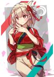  1girl blonde_hair blurry blurry_foreground blush border bright_pupils closed_mouth commentary cowboy_shot falling_petals green_sash grey_background hair_ribbon highres japanese_clothes kimono looking_at_viewer lycoris_recoil nishikigi_chisato obi outside_border own_hands_together petals red_eyes red_kimono red_ribbon ribbon sash short_hair smile solo steepled_fingers tetenka white_border white_pupils 