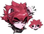 anthro bear blrp collar doppel ear_piercing ear_ring eye_spots fur giant_panda hair half-closed_eyes headshot_portrait male mammal multicolored_body multicolored_fur narrowed_eyes piercing portrait purple_body purple_fur red_hair ring_piercing rysoka solo spiked_collar spikes tongue tongue_out two_tone_body two_tone_fur white_hair