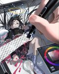  1girl 1other black_hair black_skirt blood blood_splatter clenched_teeth colored_blood commentary_request drawing_tablet fingernails grey_eyes halo highres holding holding_stylus huion long_hair long_sleeves lowe_410 lying original pink_blood school_uniform shoes skirt stylus sweat teeth uwabaki white_wings wings 