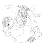 1:1 anthro arm_tuft beard blush body_hair bruno_(brunohyena) canid canine canis clothed clothing curly_hair dialogue domestic_dog duo elbow_tuft english_text eye_contact facial_hair fangs fur grabbing hair hi_res hybrid hyena keaboo looking_at_another love male male/male mammal markings mole_(marking) muscular muscular_anthro muscular_male mustache neck_tuft pecs pincers size_difference sketch smile spanish_text spots spotted_body spotted_hyena striped_hyena stripes teeth text tuft white_body white_fur zordykeaboo