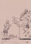 2_horns armor body_armor broken_sword coy dragon duo european_mythology female feral floppy_ears forest headgear helmet hi_res holding_object horn human knight mammal melee_weapon monochrome mythological_creature mythological_scalie mythology neck_spikes plant scalie shrub signature size_difference smile smiling_at_another smug_smile snaggle_tooth snout spots sword tree ukabor warrior weapon western_dragon