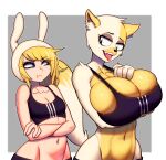 absurd_res adventure_time animal_hood annoyed anthro bedroom_eyes big_breasts biped blonde_hair breast_envy breasts cake_the_cat cartoon_network cleavage clothed clothing collarbone crossed_arms dogiflan domestic_cat duo english_description eyelashes felid feline felis female fionna_the_human glistening glistening_breasts hair hand_on_own_breast hi_res huge_breasts human light_body light_skin looking_at_another mammal midriff narrowed_eyes navel open_mouth open_smile seductive shaded small_breasts smile sports_bra_difference_meme standing supporting_breasts tongue tongue_out