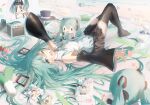 1girl 39 absurdres aqua_eyes aqua_hair aqua_nails aqua_necktie aqua_trim arm_up armpits black_skirt blush boots box breasts cd_case collared_shirt commentary_request cover detached_sleeves full_body fuwapuchi grey_shirt hair_between_eyes hair_ornament hatsune_miku headset highres hty_kaku long_hair long_sleeves looking_at_viewer lying magical_mirai_(vocaloid) magical_mirai_miku magical_mirai_miku_(2013) magical_mirai_miku_(2016) medium_breasts miku_day miniskirt necktie nendoroid on_back one_eye_closed open_mouth pleated_skirt poster_(object) rabbit_yukine redial_(vocaloid) sakura_miku shirt skirt sleeveless sleeveless_shirt solo stuffed_spring_onion stuffed_toy thigh_boots very_long_hair vocaloid vocaloid_boxart_pose wide_sleeves 