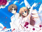  1boy 1girl :d arm_up asuka_mirai black_bow blue_eyes blue_necktie bouquet bow breasts brown_hair bubble_skirt cleavage closed_mouth cloud day dress dutch_angle elbow_gloves falling_petals floating_hair flower frilled_dress frills game_asset gloves hair_bow hand_up highres jacket jewelry light_smile long_hair long_sleeves mikeou multiple_hair_bows nanairo_kouro necktie non-web_source open_clothes open_jacket open_mouth outdoors panties pants petals rose self-datamine short_hair side-by-side skirt sky sleeveless sleeveless_dress small_breasts smile standing two_side_up underwear very_long_hair vest wedding_dress wedding_suit white_dress white_gloves white_jacket white_pants white_vest 