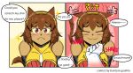 2026 2_panel_comic acting_like_a_cat ambiguous_gender anthro artist_name biped blush blush_lines bodily_fluids brown_body brown_fur brown_hair chin_scratch clothed clothed_anthro clothed_female clothing comic dialogue disembodied_hand duo ears_down english_description english_text eyes_closed eyewear eyewear_on_head felid feline female female_anthro first_person_view fur gameoverse glitch_productions goggles goggles_on_head hair hi_res kantaro_gashilo kit_bodega looking_at_viewer mammal onomatopoeia pink_eyes pivoted_ears snout solo_focus sound_effects speech_bubble sweat sweatdrop tail talking_to_another talking_to_viewer tan_body tan_skin text whiskers