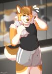 absurd_res anthro blue_eyes bodily_fluids bottomwear canid canine canis clothing domestic_dog fur herding_dog hi_res looking_at_viewer male mammal mirror multicolored_body multicolored_fur pastoral_dog pokatofry shirt shorts solo sweat tank_top topwear towel welsh_corgi