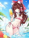  1girl alternate_costume beach bikini breasts chinese_commentary cleavage closed_mouth commentary_request cowboy_shot cup drawn_ears drawn_tail drawn_whiskers drink drinking_glass drinking_straw food fruit hakurei_reimu highres holding holding_cup lemon lemon_slice lens_flare looking_at_viewer navel ocean outdoors pink_bikini side-tie_bikini_bottom small_breasts solo stomach swimsuit thighs touhou twi_mu_xue_snow wading watermelon watermelon_slice 