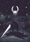  1other black_background black_cloak black_eyes black_skin cloak colored_skin commentary_request empty_eyes english_commentary facing_viewer floating_cape full_body holding holding_nail holding_weapon hollow_knight horned_mask jun_(navigavi) knight_(hollow_knight) light_particles mask mixed-language_commentary nail_(hardware) nail_(hollow_knight) old_nail_(hollow_knight) shadow standing weapon white_mask 