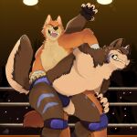 1:1 2024 abdominal_stretch anthro artist_logo artist_name audience blue_markings brisky_(briskycoyote) brown_body brown_fur bulge canid canine canis claws clenched_teeth clothed clothing coyote dingo duo eyes_closed fighting_ring finger_claws fur green_eyes grin group hair hi_res knee_pads logo male male/male mammal markings open_mouth orange_body orange_fur ramaelligre smile submission_hold tail tan_body tan_fur teeth text topless topless_anthro topless_male whiskers wraps wrestling wrestling_briefs wrist_wraps