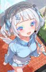  1girl :d absurdres angel_wings apron blue_eyes blue_hairband blue_jacket blue_nails blue_ribbon blue_skirt blue_socks blush breasts brick_floor chromatic_aberration commentary earrings fingernails frilled_apron frilled_hairband frills from_above hair_ornament hair_ribbon hairband hairclip heart heart_earrings heart_hair_ornament highres holding holding_umbrella jacket jersey_maid jewelry long_sleeves looking_at_viewer maid medium_breasts medium_hair miniskirt nail_polish open_mouth original outdoors ribbon short_twintails skirt smile socks solo track_jacket twintails two_side_up umbrella unconventional_maid waist_apron walking white_apron white_hair wings zeroten zipper 