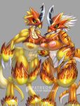 abs absurd_res anthro anthrofied armor bandai_namco bimbofication breasts cosplay digimon digimon_(species) doctor_awesome dragon female flamedramon genitals hi_res mythological_creature mythological_scalie mythology nipples quill_hair scalie stripes toned_body toned_female under_boob vulva