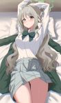  1girl absurdres arms_up blue_archive bow bowtie braid camomail choppy_bangs diagonal-striped_bow diagonal-striped_bowtie diagonal-striped_clothes flower_halo green_bow green_halo green_jacket grey_skirt hair_bow hair_ribbon halo highres jacket long_hair looking_at_viewer lying miyo_(blue_archive) on_back on_bed ribbon ribbon_in_braid skirt solo striped_bow striped_bowtie striped_clothes unworn_jacket 