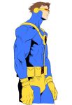  1boy belt belt_pouch blue_bodysuit bodysuit briefs brown_hair bulge chest_harness closed_mouth covered_abs covered_pectorals cropped_legs cyclops_(x-men) from_side gen14567 gloves harness head-mounted_display male_focus male_underwear marvel muscular muscular_male pectorals pouch profile short_hair simple_background solo underwear very_short_hair white_background x-men yellow_belt yellow_gloves 