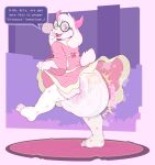2026 4_toes abstract_background absurd_res anthro big_diaper biped blush bovid bubblepuppers caprine claws clothed clothing crossdressing deltarune dialogue diaper digital_media_(artwork) dress english_text eyewear feet fur glasses goat hi_res horn legwear long_ears male mammal open_mouth open_smile pink_clothing pink_dress pink_horn ralsei round_glasses smile soiled_diaper solo speech_bubble text toe_claws toes toony unclean_diaper undertale_(series) used_diaper walking wearing_diaper wetness_indicator white_body white_fur