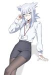  1boy adjusting_eyewear black_pantyhose black_skirt blue_eyes closed_mouth collared_shirt commentary_request crossdressing crossdressing_(mtf) crossed_legs grey_hair hand_on_eyewear highres hun_(pokemon) id_card inuyama_sumisu lanyard long_sleeves looking_at_viewer male_focus office_lady pantyhose pencil_skirt pokemon pokemon_(anime) pokemon_(classic_anime) shirt shirt_tucked_in simple_background skirt solo trap white_background white_shirt 