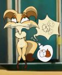 anthro anus blpanda canid canine chest_fur clenched_teeth desperation feces female fennec_fox fox fur genitals green_eyes hi_res mammal poop_desperation popy solo tan_body tan_fur teeth thought_bubble toilet_paper true_fox vulva