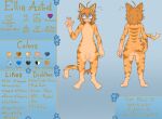 ahoge anthro bangs birthmark black_eyeshadow blue_background blue_eyes blush bodily_fluids clothing domestic_cat ellia_ast english_text eyelashes eyeshadow eyewear felid feline felis fishnet_clothing flower forget-me-not_(flower) front_view fur genital_fluids genitals glasses glistening_eyelids hair hi_res legwear long_eyelashes makeup male mammal markings messy_hair model_sheet nervous one_eye_closed orange_body orange_fur paws penis pink_nose plant precum rear_view simple_background solo tabby_cat text thigh_highs topwear wink