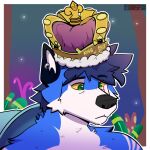 1:1 2026 adult_swim anthro blue_body blue_fur bust_portrait canid canine cartoon_network countershade_face countershade_torso countershading crown fur green_eyes headgear icon male mammal multicolored_body multicolored_fur portrait rick_and_morty signature solo text three-quarter_view vansifoxarts white_body white_countershading yellow_sclera