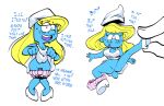 2026 ambiguous_gender anus blonde_hair blue_body bodily_fluids box_chan breasts butt cleavage clothed clothing dialogue duo english_text featureless_crotch female footwear hair hat headgear headwear hi_res high_heels humanoid not_furry open_mouth shoes smurf smurfette sweat tail tailed_humanoid text the_smurfs