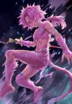  1boy cat_tail commentary_request final_fantasy final_fantasy_ix floating full_body glowing glowing_eye highres holding holding_sword holding_weapon ibmiola long_hair looking_at_viewer low_ponytail male_focus midriff monster_boy navel parted_bangs pink_eyes pink_fur pink_hair ponytail solo sword tail trance_zidane_tribal weapon zidane_tribal 
