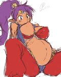 2015 4:5 9rimson bandeau belly big_breasts bottomwear breasts camel_toe clothed clothing colored_sketch cropped_jacket crown dated female genie hair headgear hi_res humanoid humanoid_pointy_ears long_hair looking_down mammal navel nipples not_furry one_breast_out pants pointy_ears ponytail potbelly pregnant purple_hair shantae shantae_(series) signature simple_background sitting sketch solo spread_legs spreading tan_body tan_skin tiara topwear wayforward white_background