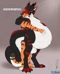 2023 absurd_res animal_genitalia anthro balls dialogue digitigrade dragon duo english_text felid genitals hand_on_belly hi_res horn hyper hyper_pregnancy male male/male mammal mythological_creature mythological_scalie mythology nude owligatorstudios pantherine plantigrade pregnant pregnant_male scalie sheath size_difference text tiger