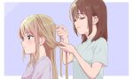  2girls ano_koro_no_aoi_hoshi blonde_hair blue_shirt border brown_hair closed_eyes closed_mouth commentary green_eyes hand_in_another's_hair highres koumoto_umi long_hair multiple_girls parted_lips purple_background purple_shirt rs20210604 segawa_shou shirt simple_background white_border yuri 