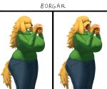 2026 6:5 absurd_res anthro big_breasts black_nose blonde_hair blue_clothing bodily_fluids breasts burger canid canine canis clothed clothed_anthro clothed_female clothing domestic_dog drooling female female_anthro food fur green_clothing hair hair_over_eyes hi_res holding_burger holding_food holding_object huge_breasts liodimor lucy_tengel_von_braza_(liodimor) mammal open_mouth saliva solo tail teeth tongue yellow_body yellow_fur yellow_tail