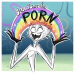 1:1 2026 anthro atimon avian beak bird chest_tuft clothed clothing feathers flower flower_cloud_(spongebob) hellaverse helluva_boss hi_res imagination_(meme) male multi_eye nickelodeon open_mouth owl_demon plant rainbow signature smile solo spongebob_squarepants stolas_(helluva_boss) text tuft wide_eyed